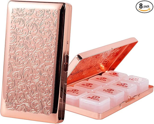 Portable 7-Day Metal Pill Case, Featuring 8 Compartments—Perfect for Travel. BPA-Free. (L-Pink, Large)