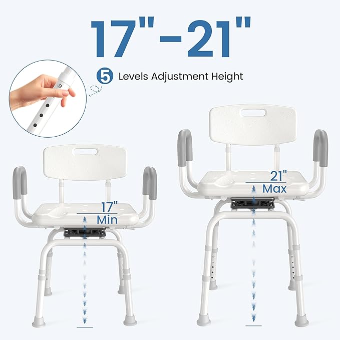 Swivel Shower Chair with Removable Back and Arms, Shower Chair for Inside Shower & Bathroom Seat, 5-Level Height Adjustable Shower Chair for Elderly and Disabled, Gray