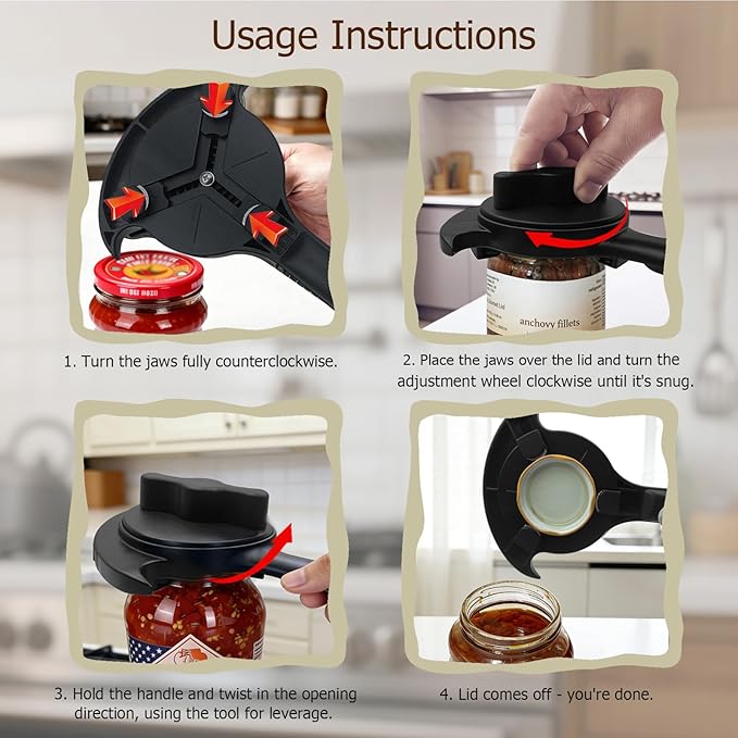 5-in-1 Jar Opener for Seniors,Adjustable Jar Opener with Magnetic Hook and Rubber Jar Openers—A Kitchen Tool Designed Specifically for Seniors and Those with Weak Hands or Arthritis(Black)
