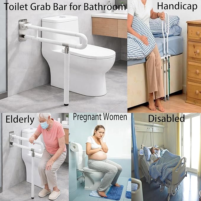 23.6" Flip-Up Toilet Grab Bar with Support Leg, Stainless Steel Bathroom Safety Rail for Elderly & Disabled, Folding Handicap Grab Bar Wall Mounted Assist Handle for Toilet, Shower & Bathtub