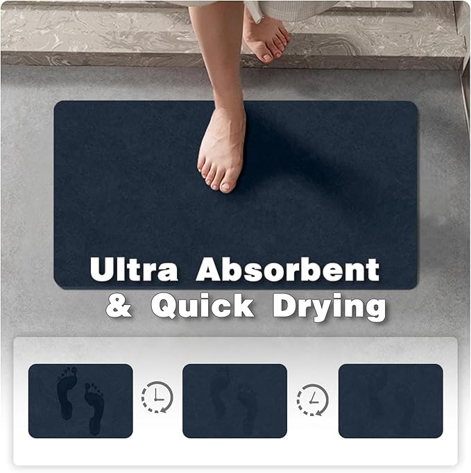 TYUU Bathroom Mat Quick Dry, Bathroom Rugs Non Slip Washable Thin Absorbent Bath Mat Fits Under Door Bathroom Floor Mat Perfect for Bath, Shower, or Sink 24"x60" Navy Blue