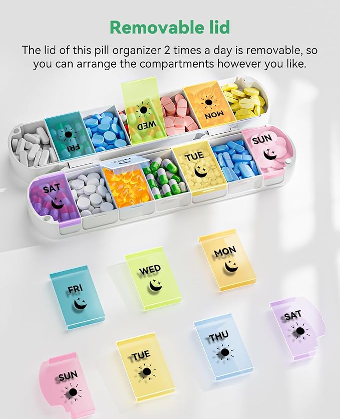 Foldable Weekly Pill Organizer 2 Times a Day - Magnetic Moisture-Proof 7 Day Pill Box AM PM, Portable Travel Medicine Organizer with Removable Lids for Vitamins, Supplements and Fish Oils
