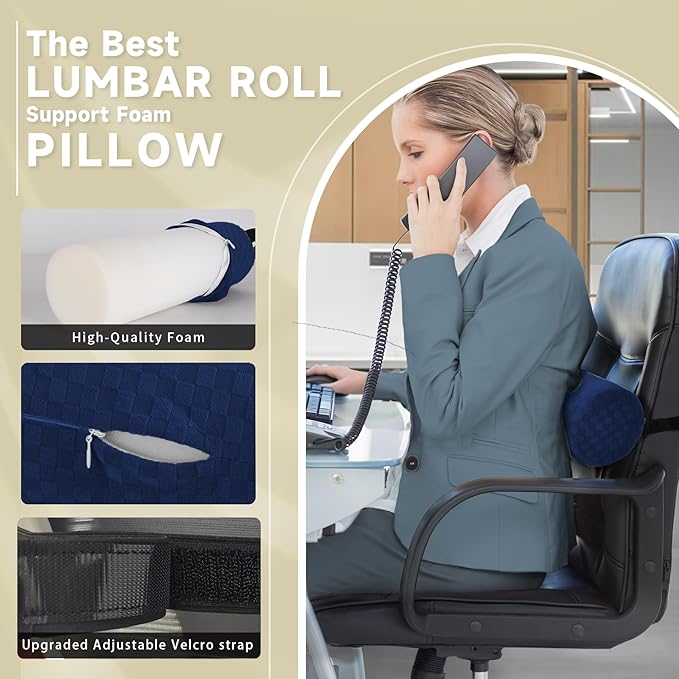 Lumbar Roll Pillow for Lower Back, Lumbar Support Foam Roll Cushion with Pillowcase and Upgraded Strap for Office, Chair, Car, Seat Pain Relief & Improving Posture (Dark Blue, Short-11*4.3'')