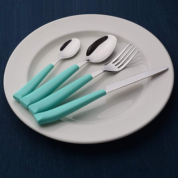 ANNOVA Silverware Set Stainless Steel Colorful Handle Tableware Kitchen Flatware Set Utensils, Includes Dinner Knives, Forks, Spoons & Dessert Spoons (Turquoise, 16 Pieces)