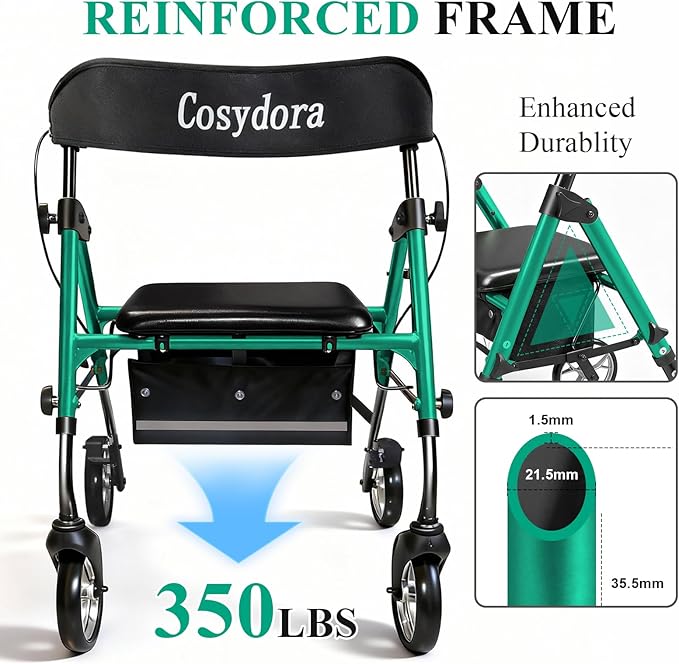 Cosydora Rollator Walkers for Seniors with Seat, 13.6 Lbs Ultra Lightweight Foldable Rolling Walker, 350Lbs Heavy Duty Aluminum, 8" All Terrain Wheels, Dual Adjustable Height, Shimmer Green