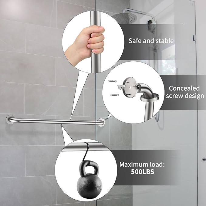 2 Pack 32 Inch Shower Grab Bars Satin Brushed Nickel, ZUEXT SUS304 Stainless Steel Bathroom Shower Balance Bar, Safety Hand Rail Support,Handicap Elderly Senior Assist Bath Grab Handle(1.25" Diameter)