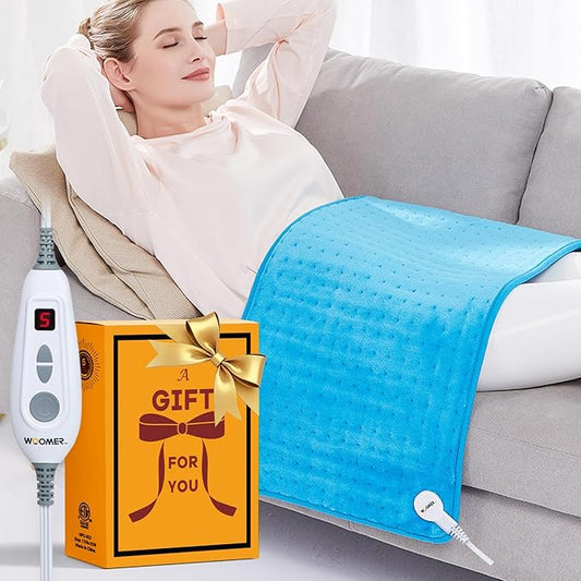 WOOMER Extra Large Heating Pad, 17"x33" XL Heating Pad, Heat Pad with Multi-Color Option, Moist Heat Therapy Feature, Auto Shut-Off, Power Cords Storage Belt, Blue