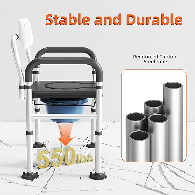 Heavy Duty Bedside Commode Chair with Adjustable Height and Width, Raised Toilet Seat with Arms Handles and Back Support for Elderly, Portable Bedside Toilet with Bucket (Width 20.4-22.44")