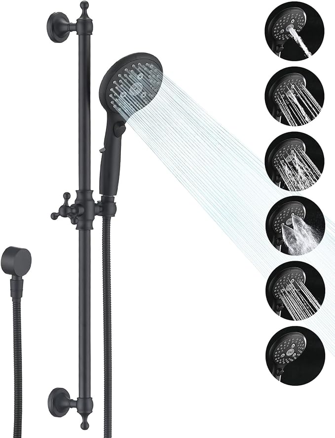 Handheld Shower Head with Slide Bar Combo, 6 Settings Handheld Shower with ON/OFF Pause Switch, Adjustable Height 27.5" Long Slide Bar, Wall Supply Elbow and 6.6ft Shower Hose, Matte Black