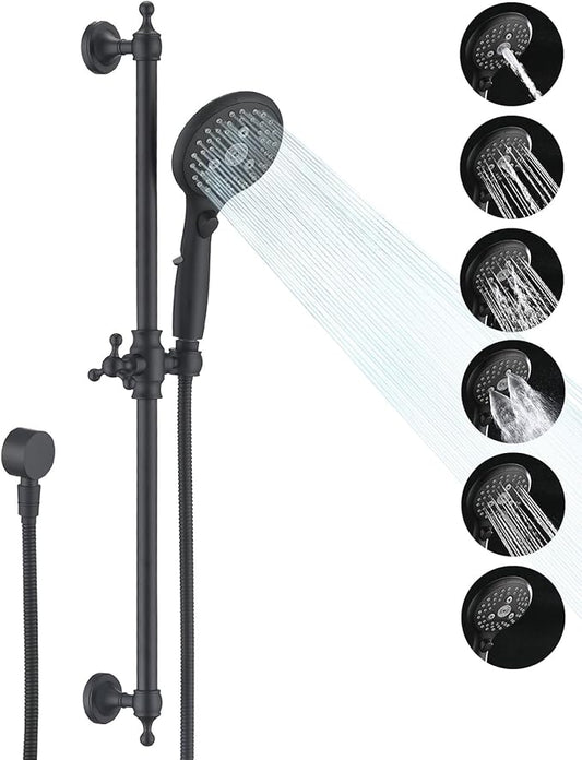 Handheld Shower Head with Slide Bar Combo, 6 Settings Handheld Shower with ON/OFF Pause Switch, Adjustable Height 27.5" Long Slide Bar, Wall Supply Elbow and 6.6ft Shower Hose, Matte Black