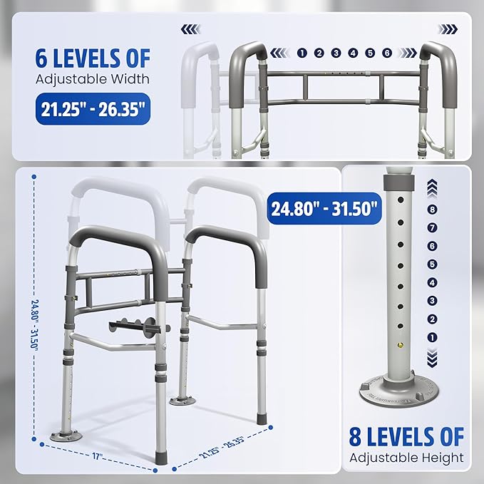 Toilet Safety Rails for Seniors 350lb, Adjustable Height & Width Toilet Bars for Elderly | Foldable Non-Slip Handicapped Toilet Safety Frame, Reinforced 2 C-Clamp Stability – Fits Most Toilets