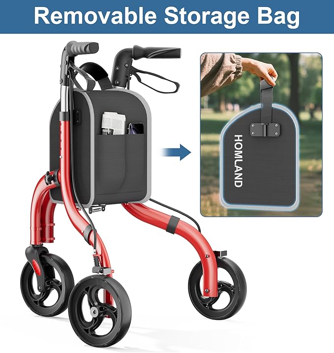 Foldable 3 Wheel Walkers for Seniors, Lightweight AluminumThree-Wheeled Walker, Height Adjustable Compact Walker with Removable Storage Bag