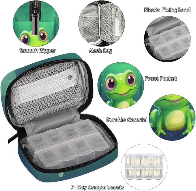 Cute Animal Frog Pill Box Small Pill Travel Organizer 7 Day Weekly Green Medicine Pill Case Cute Compact Size Vitamin Container Pill Bottle Portable Pill Holder Bag with Zipper