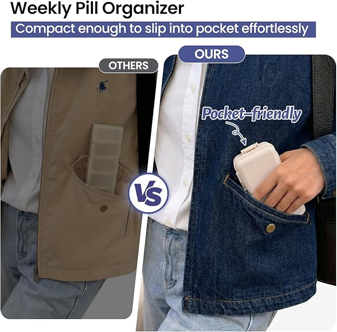 NEW Foldable Weekly Pill Organizer with Extra Grid, Portable 7 Day Pill Box Once / 1 Time a Day, Week Daily Medicine Organizer - Large Travel Pill Case Holder Dispenser for Vitamin, Supplement-Khaki