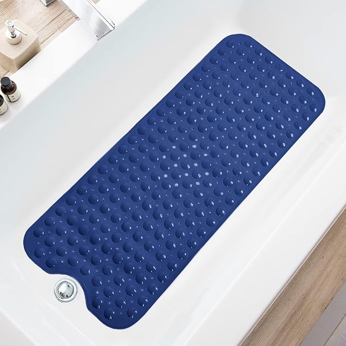 TEESHLY Bath Tub and Shower Mats, Non-Slip 39 x 16 Inch Extra Long Bathtub Mat, Machine Washable BathMat with Drain Holes, Suction Cups for Bathroom (Opaque Navy Blue)