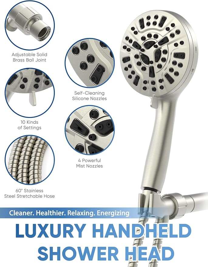 Pavezo® High Pressure Shower Head Handheld 5" Large, 10-mode Portable Detachable Shower Head with Hard Water Filter, Extra Long 60" SS Hose, Anti-clog & Powerful to Clean Tile & Pets, Brushed Nickel