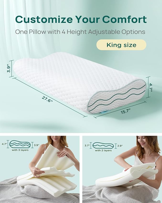 Releep Ergonomic Memory Foam Pillow - Orthopedic Cervical Support Pillow for Neck & Shoulder Pain Relief, Adjustable Contour Pillow for All Sleeping Positions，King Size