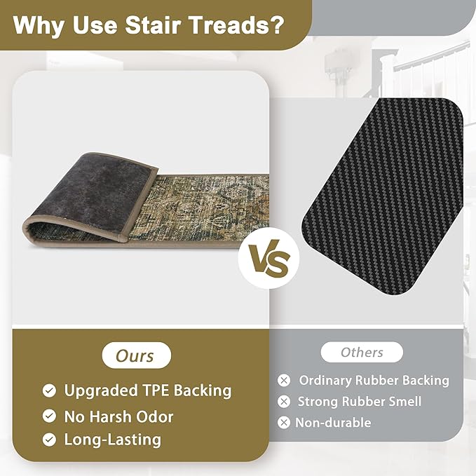 Non Slip Stair Treads for Wooden Steps 15PCS - 8"x30" Indoor Safety Carpet, Edging Mats with TPE Adhesive Backing, Pet and Elderly Friendly Stair Rugs (Dark Green&Brown)