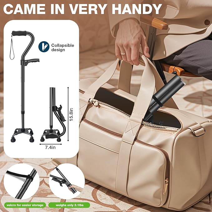 Ciavca Walking Canes for Women & Men, Adjustable Folding Quad Cane, Heavy Duty Walking Sticks Canes for Seniors Balance,Collapsible, Lightweight Self Standing Cane with 2nd Handle and 4-Pronged Base
