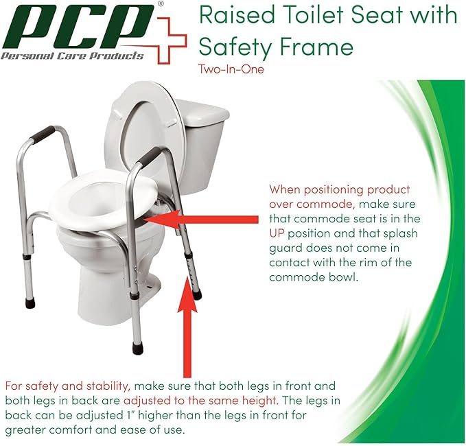 PCP Raised Toilet Seat and Safety Frame (Two-in-One), Wide Arms Rests, Adjustable Rise Height, Secure Elevated Lift Over Bowl, Made in USA, Wide Arms