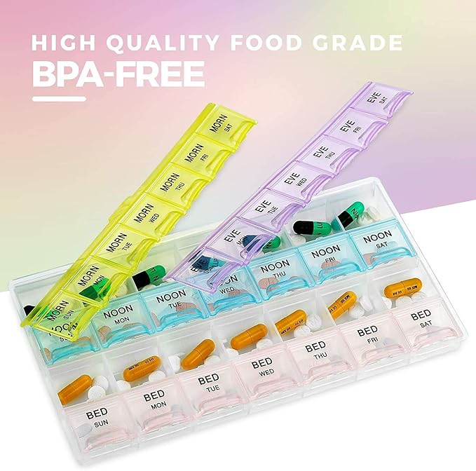 MEDca Pill Organizers - (2 Pack) Large Pill Organizer with Weekly and Daily 4-Times-A-Day Compartments for Morning, Noon, Evening, Night - BPA-Free, Portable and Travel Friendly Pill Boxes Case