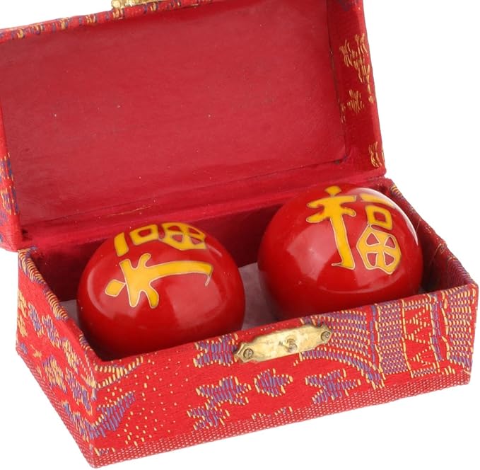 2 Pieces Hand Massage Balls, Chinese Exercise Handballs with Storage Box, Compact Relaxation, Chinese Baoding Balls, for Kids Seniors, Fu Word Red