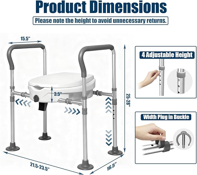 Premium Raised Toilet Seat with Handles, Adjustable Height & Width Elevated Toilet Riser for Seniors, 350lbs Heavy Duty Toilet Lift Seat for Elderly, Pregnant & Handicap - Fits All Standard Toilets