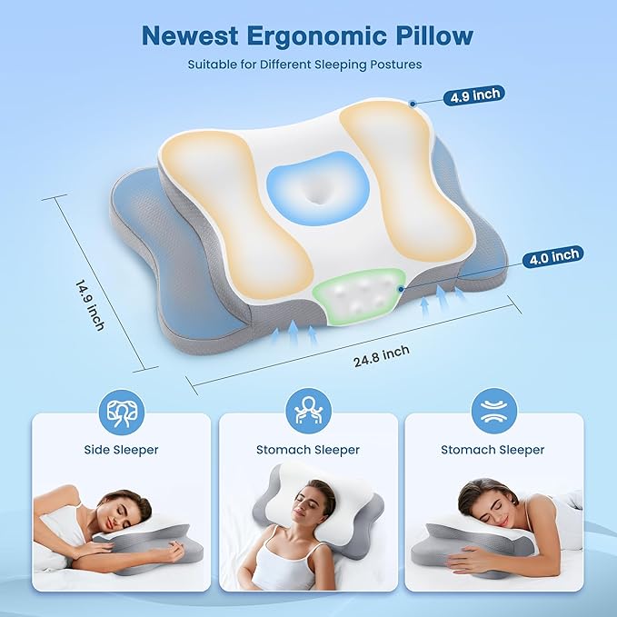 Cervical Pillow for Neck Pain Relief, Cooling Contour Memory Foam Pillows Support Odorless Ergonomic Neck Pillow Adjustable Orthopedic Bed Pillow for Side Back Stomach Sleeper,Snow