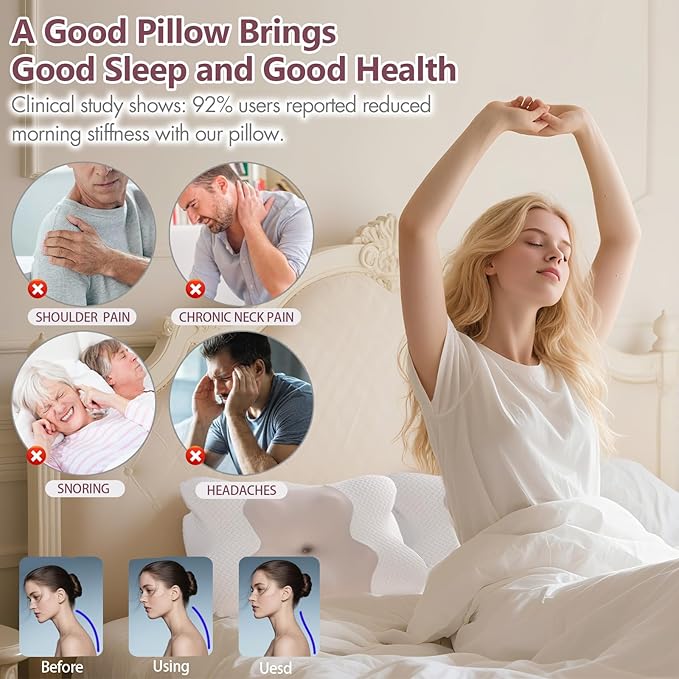Cervical Neck Pillow for Sleeping, Adjustable Ergonomic Pillow, Contour Neck Support Side Sleeper Pillows for Adults, Memory Foam Pillow for Neck and Shoulder Pain Relief, Back,Stomach Sleeper