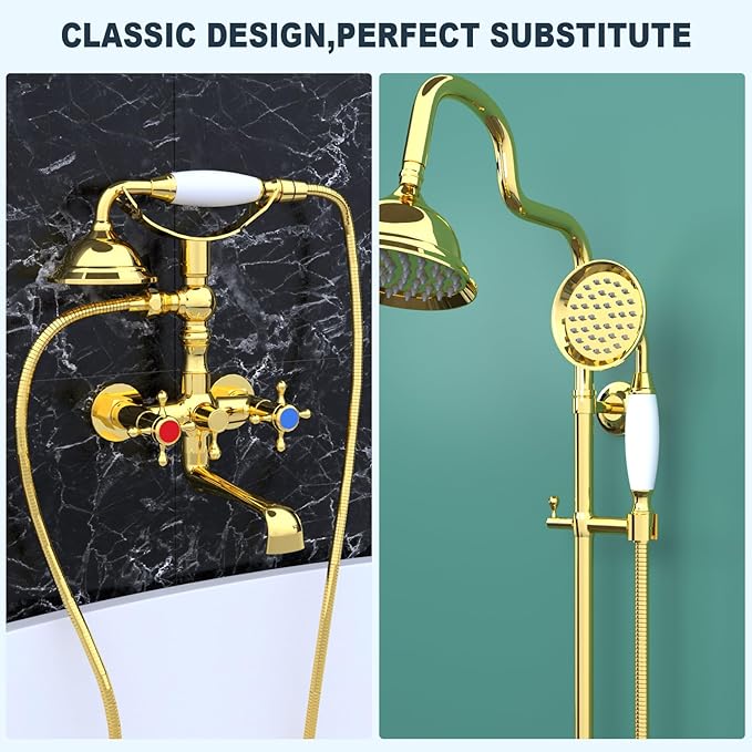 ENGA Vintage Hand-held Shower Rain Sprayer Telephone Shaped Ceramic Shower Head with 59 Inch Hose for Bathroom (Gold Finish)