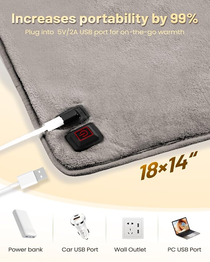 USB Heating Pad, Portable Heating Pad for Travel, 18"x 14" Small 5V Electric Heating Pad, Washable, 3 Heat Settings, Auto Shut Off, Heat Therapy for Period Cramps Back Pain Relief, Grey