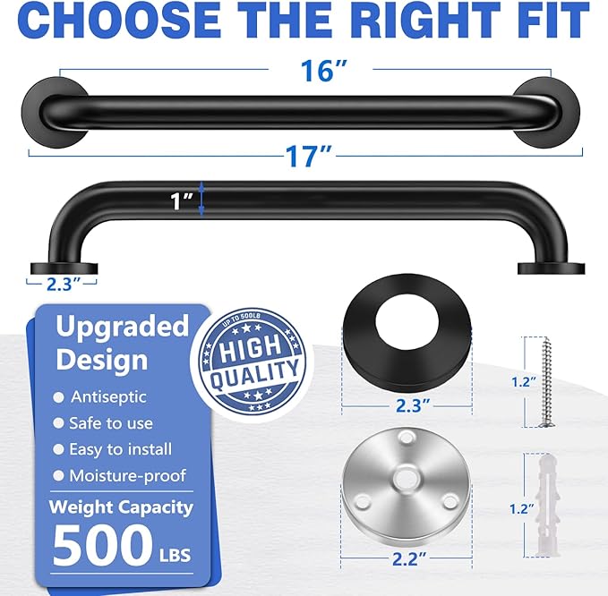 Safety Grab Bars for Bathroom, 16 Inch 304 Stainless Steel Handrail, Non-Slip Shower Grab Bar for Toilet, Tub & Stairs, Indoor & Outdoor Wall Mount, Supports 500 lbs (2 Pack)