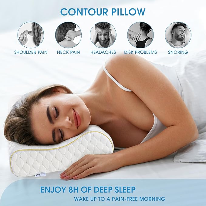 Memory Foam Pillows, Cervical Neck Side Sleeper Pillow, Bed Contour Pillow for Sleeping, Ergonomic Orthopedic Pillow for Back Stomach Sleeper, Queen,Gold