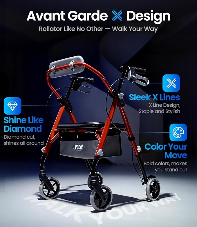 VOCIC Walkers for Seniors, Z12 Rollator Walker with Seat, Ergo Seat & Backrest, Foldable Rollator Adjustable Height, All Terrain Walker, Ultra Light