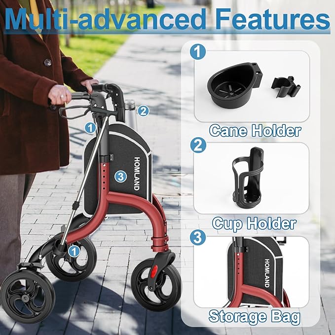 3 Wheel Walkers for Seniors, Foldable Wheeled Rollator with Cane Hold and Cup Hold, Lightweight Three Wheel Rolling Walker Height Adjustable for Seniors,Burgundy