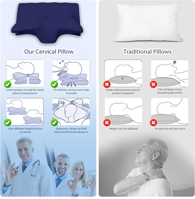 Cervical Pillow for Neck Pain Relief, Cooling Contour Memory Foam Pillows Support Odorless Ergonomic Neck Pillow Adjustable Orthopedic Bed Pillow for Side Back Stomach Sleeper,Modern Navy