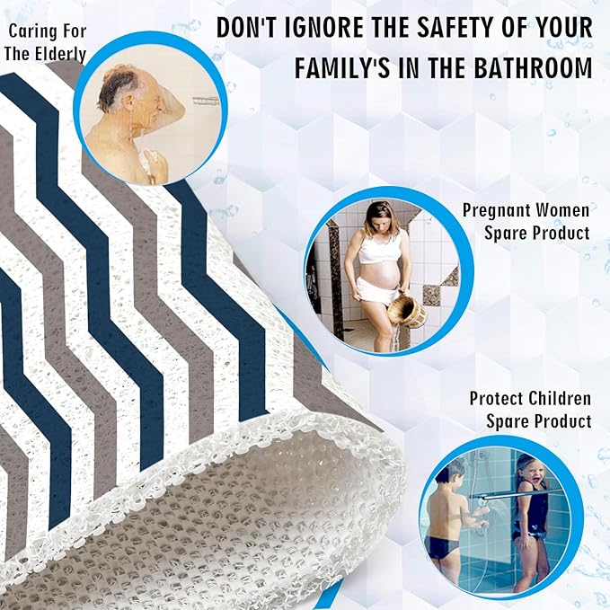 godehone Shower Mats Non Slip Without Suction Cups, PVC Loofah Bathroom Mats, Loofah Mats for Shower and Bathroom, Quick Drying, 23.6× 34.6 Inch, Blue Geometric