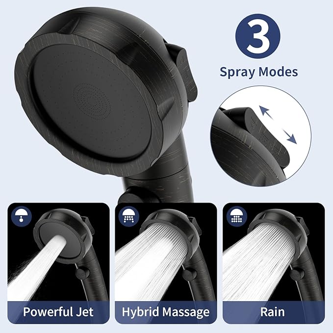 HANLIAN High Pressure Shower Head with Pause Button, 3 Spray Modes Shower Head for RV Camper, Water Saving On Off Shower, Handheld Shower Head with Hose and Holder (Oil-Rubbed Bronze)