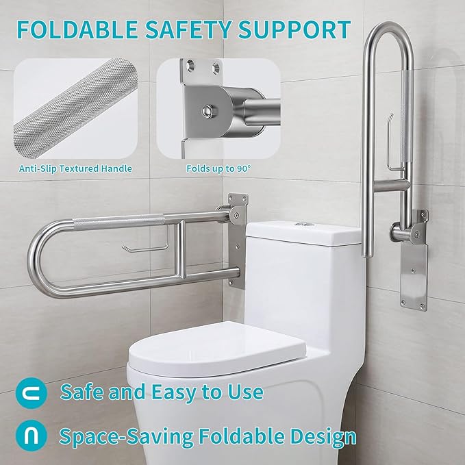 U-Shaped Toilet Grab Bar, Flip-Up Bathroom Safety Rail with Paper Holder, Wall Mounted Anti-Slip Support Handle for Elderly, Disabled & Post-Surgery Assistance (Brushed Nickel, 24 Inch)
