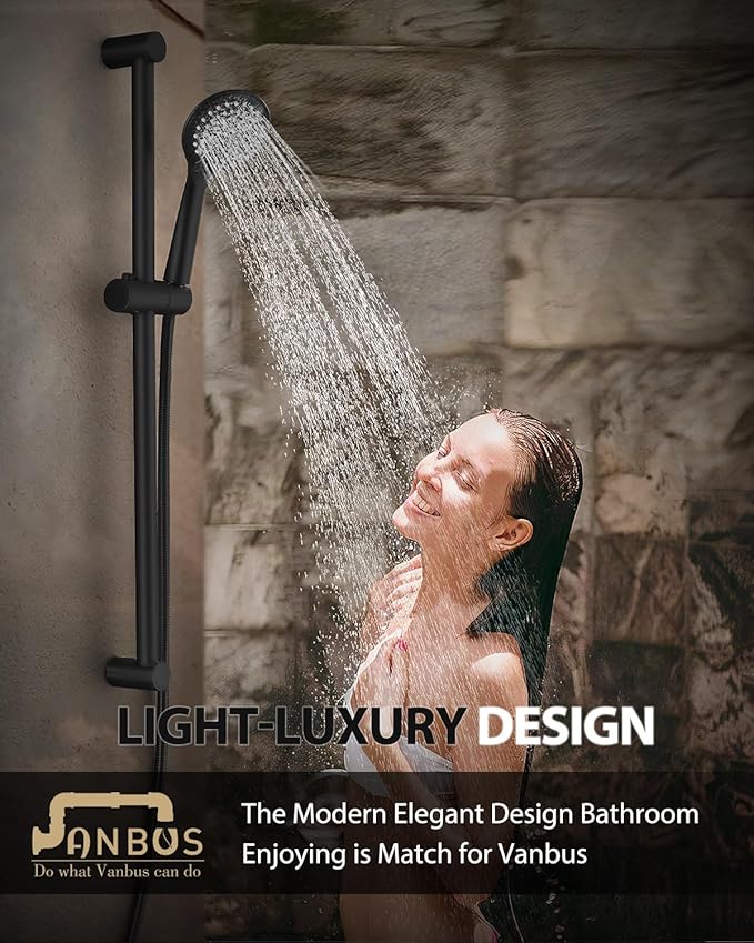 Handheld Shower Head with Adjustable 30-Inch Shower Slide Bar and 59-Inch Hose, 5-Function 3.2GPM High Pressure Handheld Shower Head with Drop Ell and Holder, Matte Black