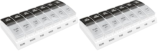 EZY DOSE Weekly (7-Day) AM/PM Pill Case, Medicine Planner, Vitamin Organizer, Small Pop-Out Compartments, 2 Times a Day, Black and Clear Lids (Pack of 2)