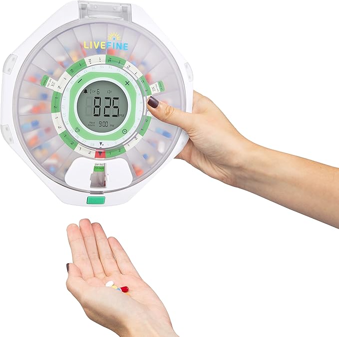 Live Fine 28-Day Automatic Pill Dispenser Frosted Lid with Upgraded LCD Display and Key Lock, Sound & Light for Prescriptions, Medication, Vitamins, Supplements & More