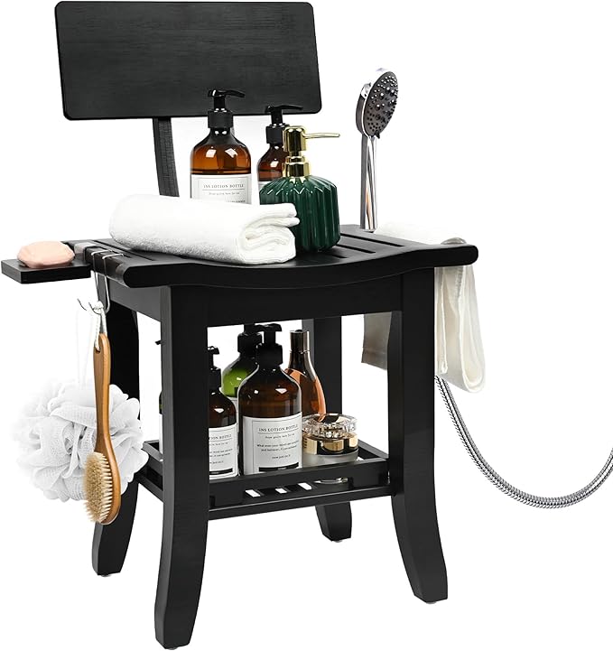 Ollieroo Two-Tier Bamboo Shower Chair for Inside Shower, Waterproof Baby Bath Seat with Storage Shelf, Soap Dish and Shower Head Holder, Shower Stool for Seniors Adults Disabled Pregnant(Black)