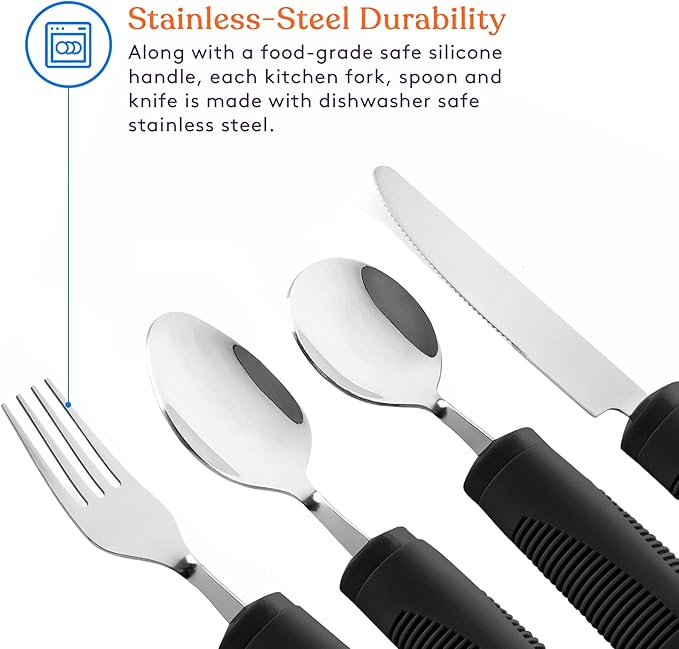 Special Supplies Adaptive Utensils (4-Piece Kitchen Set) Weighted, Non-Slip Handles for Hand Tremors, Arthritis, Parkinson’s Elderly use - Stainless Steel Knife, Fork, Spoons (Black Weighted Bendable)