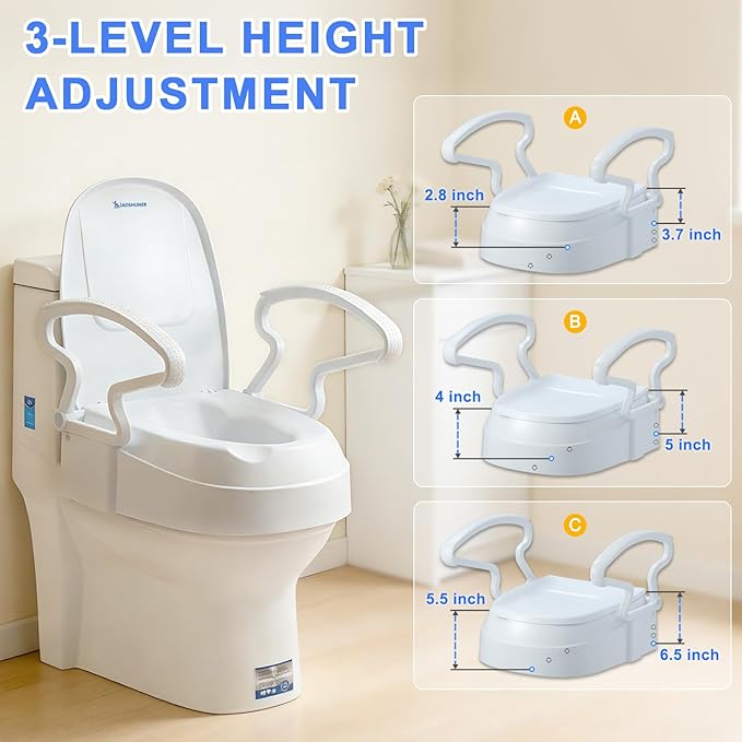 5.5 inches Raised Toilet Seat with Handles, Adjustable Height, Toilet Seat Risers for Seniors, Slip-Resistant, Supports 300lbs, Elevated Toilet Seats, Screw Lock, White