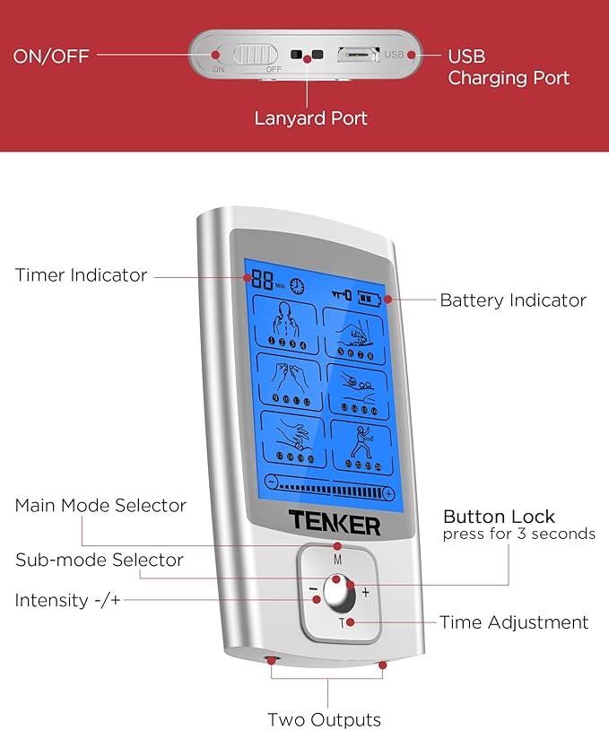 TENKER TENS Unit Muscle Stimulator, 24 Modes EMS Machine for Pain Relief Therapy/Pain Management, Rechargeable Electronic Pulse Massager with 2"x2" and 2"x4" Electrode Pads (Silver)