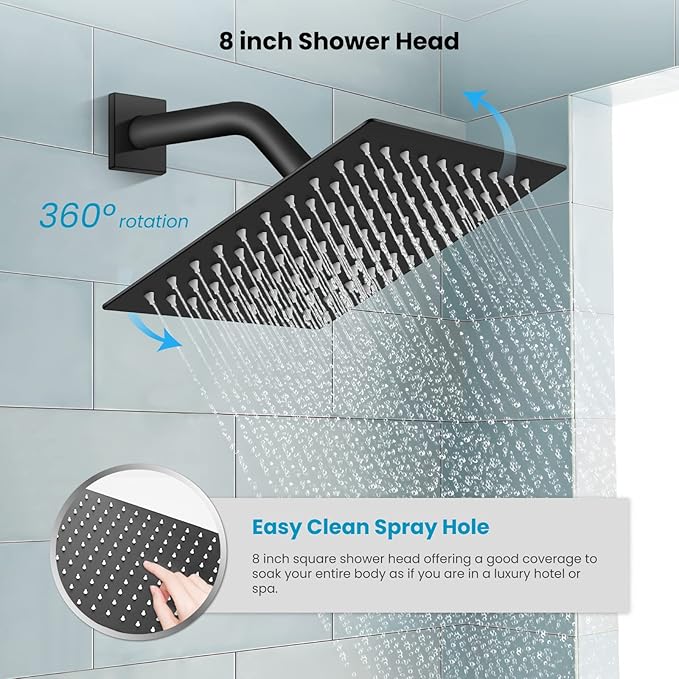gotonovo Rainfall Bathroom Shower System Rain Shower Head and Handle Set Wall Mounted Shower Complete Combo Solid Brass Pressure Balancing Shower Mixer Valve 8 Inch Matte Black
