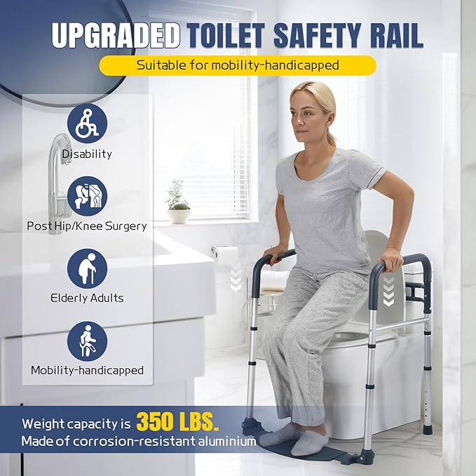 Lianjindun Toilet Safety Rails with Footrest, Folding & Portable Bathroom Toilet Handles for Elderly, Seniors, Handicap & Disabled, Adjustable Toilet Safety Frame Fit Any Toilets (350 LB)
