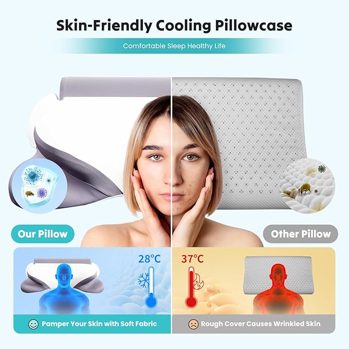 DUMOS Cervical Neck Pillow for Sleeping, Cooling Ergonomic Memory Foam Pillow with Arm Rest Slot and Ice Silk Pillowcase, Dual Height Orthopedic Support Contour for Side, Back, Stomach Sleepers
