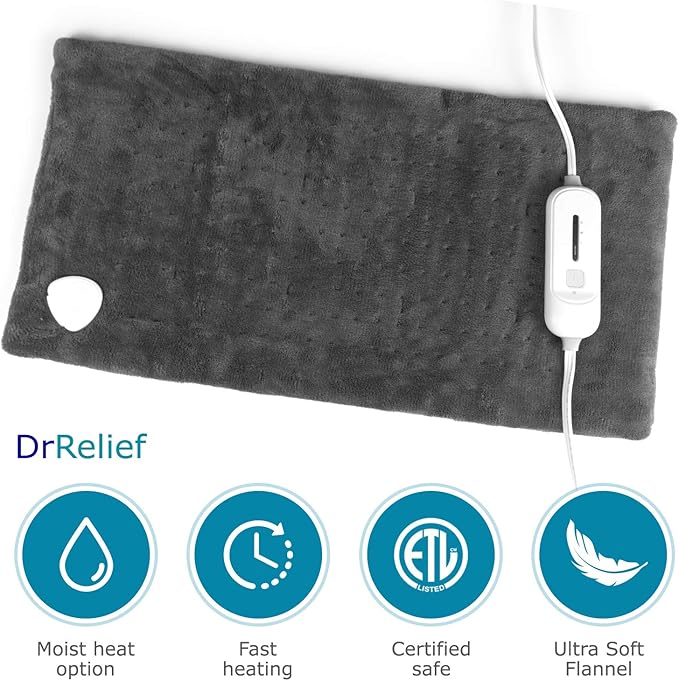 Electric Heating Pad for Full Back Fast Heating Wrap with Auto Shut Off for Back, Neck and Shoulder, Abdomen, Waist Pain Relief, Dry/Moist Option (12" x 24" (Gray))